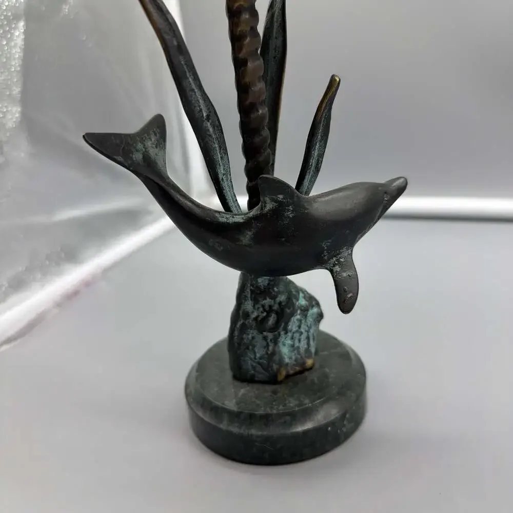 Vintage SPI Gallery Bronze Dolphin‎ Candle Holder on Marble Base
